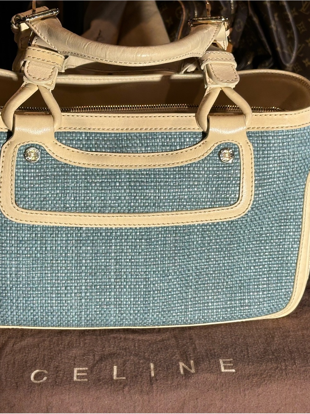 Celine Light Blue Woven Tote with Cream Leather Trim - Picture 2 of 12